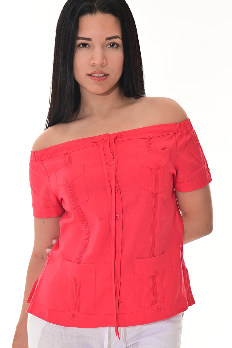 Ladies Linen Guayabera Off-the-Shoulder Short Sleeve Top LT. BLUE-Color Options - LLGB3007 - 6 PCS/PRE-PACK