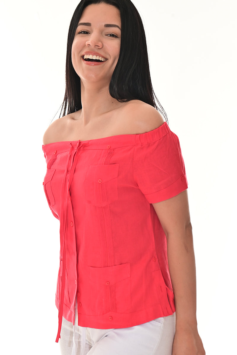 Ladies Linen Guayabera Off-the-Shoulder Short Sleeve Top LT. BLUE-Color Options - LLGB3007 - 6 PCS/PRE-PACK