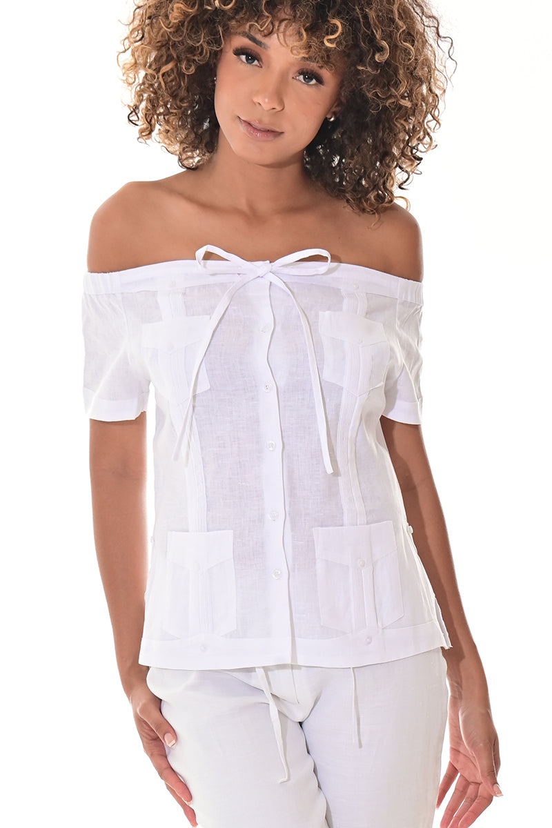 Ladies Linen Guayabera Off-the-Shoulder Short Sleeve Top LT. BLUE-Color Options - LLGB3007 - 6 PCS/PRE-PACK