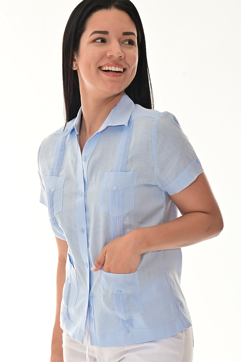Ladies Linen Guayabera Short Sleeve Traditional Blouse RED-Color Options - LLGB3008 - 6 PCS/PRE-PACK