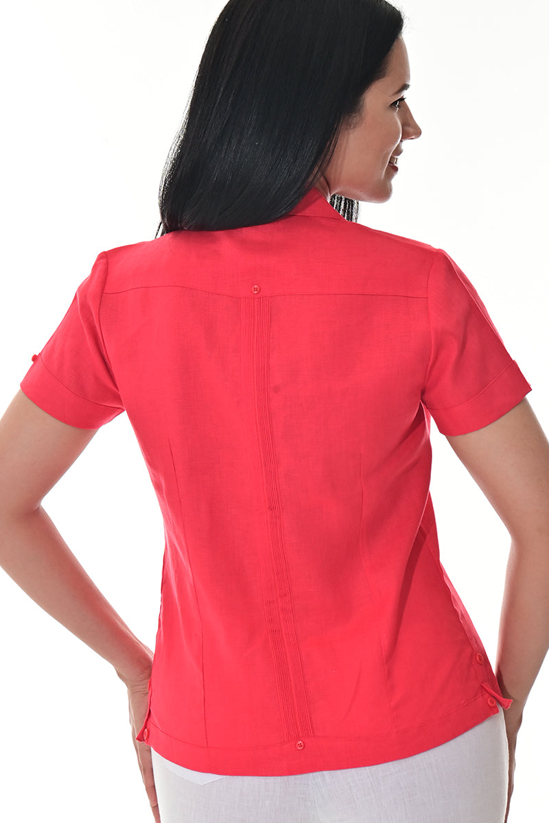 Ladies Linen Guayabera Short Sleeve Traditional Blouse RED-Color Options - LLGB3008 - 6 PCS/PRE-PACK