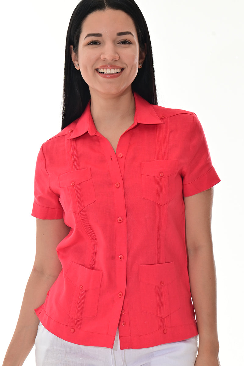 Ladies Linen Guayabera Short Sleeve Traditional Blouse RED-Color Options - LLGB3008 - 6 PCS/PRE-PACK