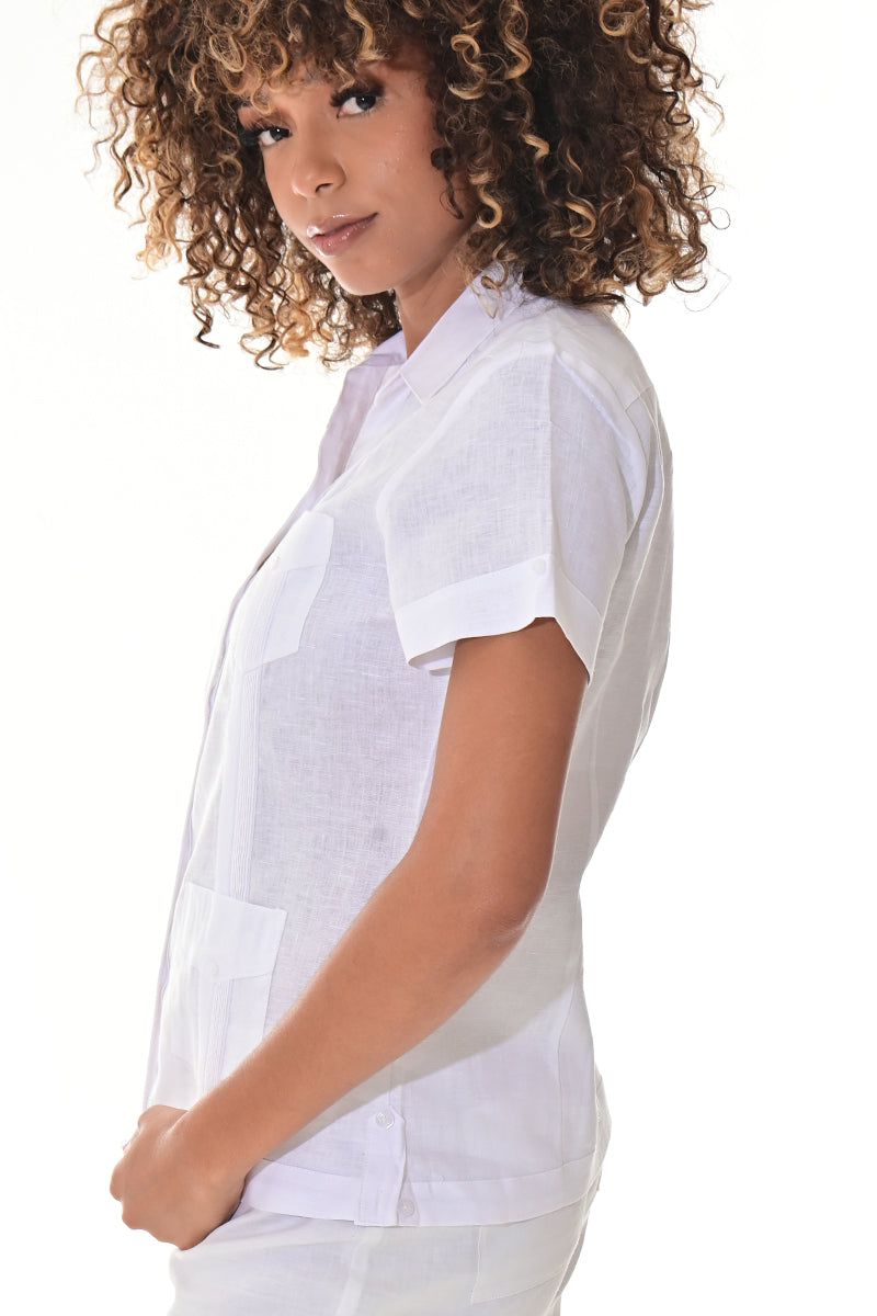 Ladies Linen Guayabera Short Sleeve Traditional Blouse RED-Color Options - LLGB3008 - 6 PCS/PRE-PACK