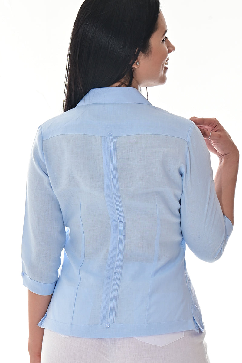 Ladies 100% Linen Guayabera 3/4 Sleeve Traditional LT. BLUE-Color Options - LLGB3009 - 6 PCS/PRE-PACK
