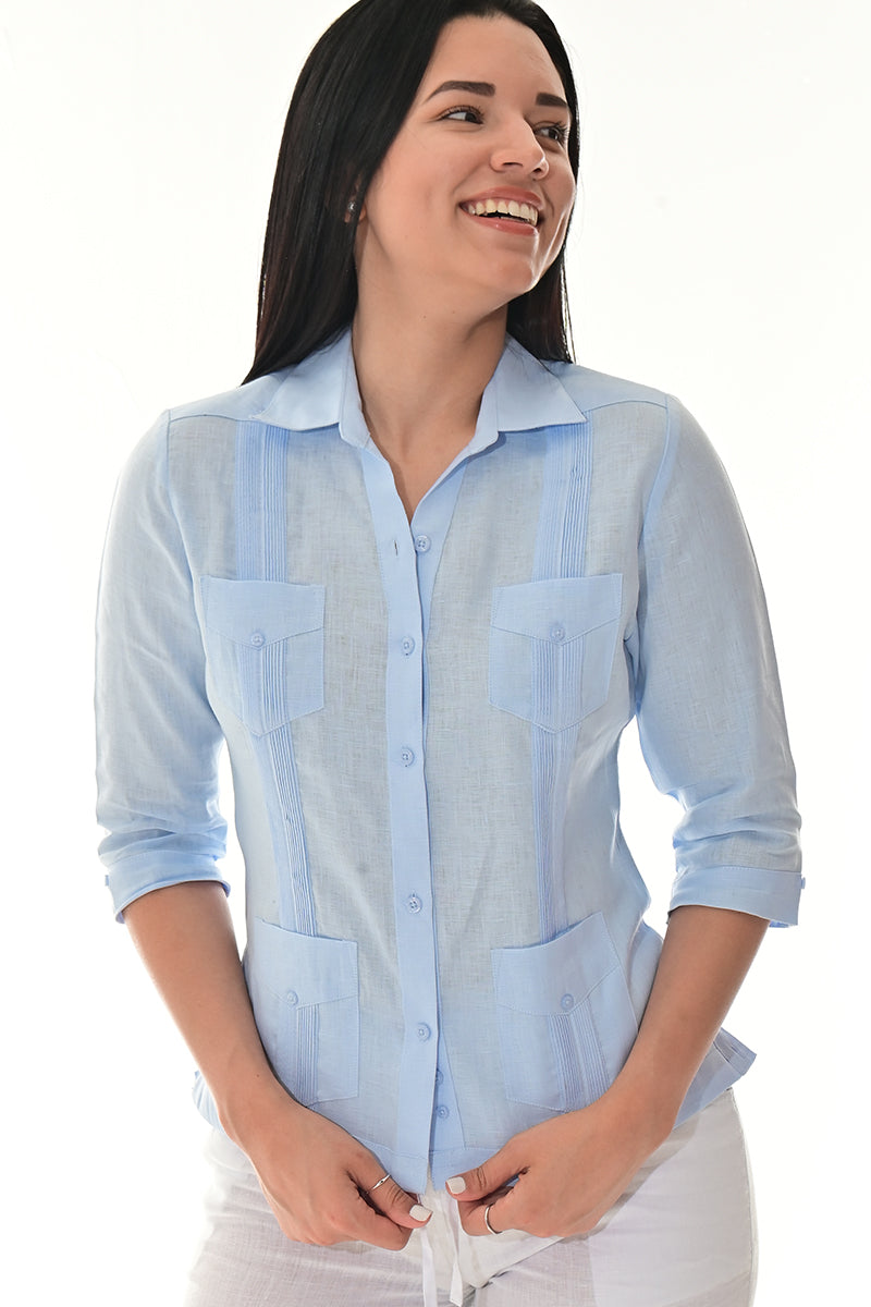 Ladies 100% Linen Guayabera 3/4 Sleeve Traditional LT. BLUE-Color Options - LLGB3009 - 6 PCS/PRE-PACK