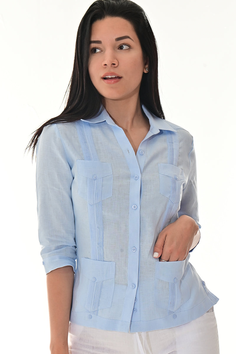 Ladies 100% Linen Guayabera 3/4 Sleeve Traditional LT. BLUE-Color Options - LLGB3009 - 6 PCS/PRE-PACK