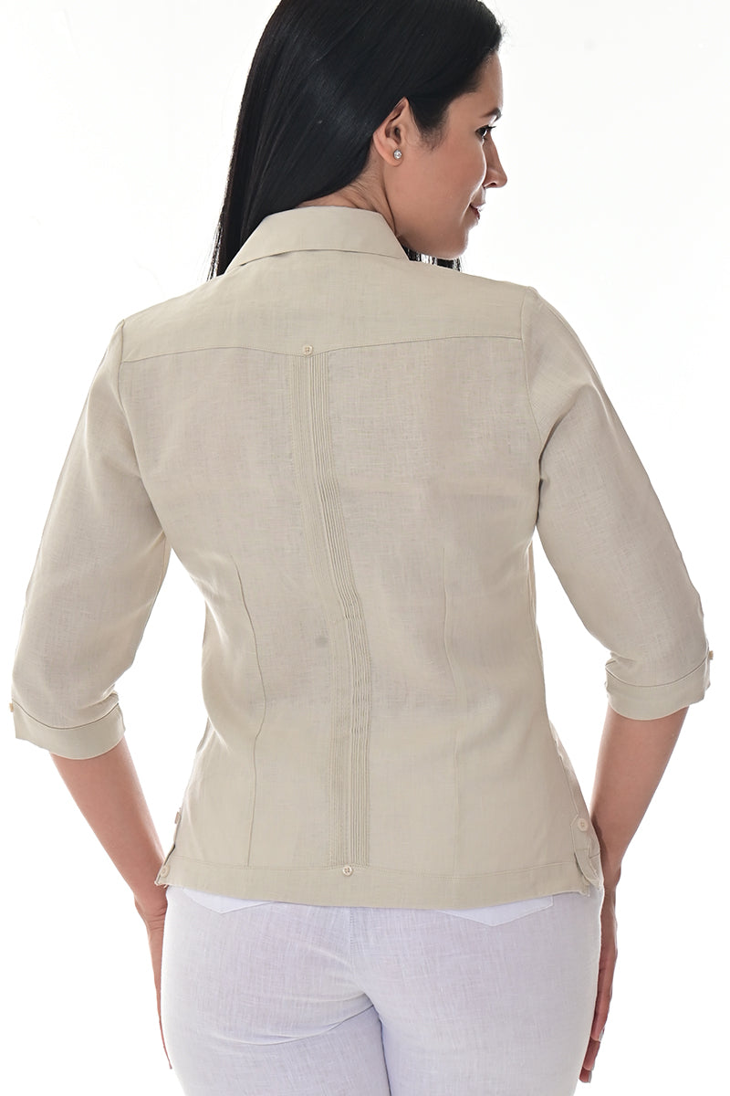 Ladies 100% Linen Guayabera 3/4 Sleeve Traditional LT. BLUE-Color Options - LLGB3009 - 6 PCS/PRE-PACK