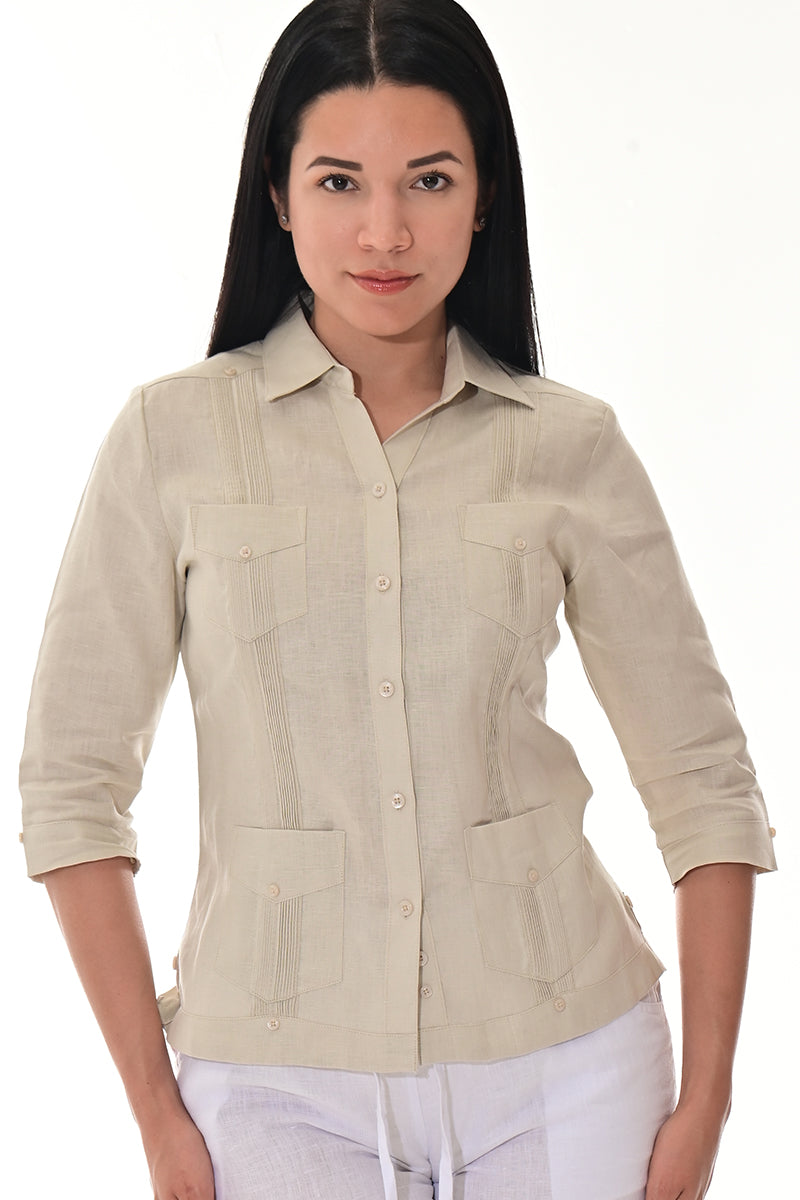 Ladies 100% Linen Guayabera 3/4 Sleeve Traditional LT. BLUE-Color Options - LLGB3009 - 6 PCS/PRE-PACK