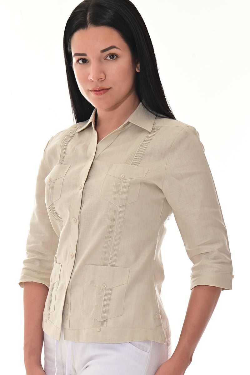 Ladies 100% Linen Guayabera 3/4 Sleeve Traditional LT. BLUE-Color Options - LLGB3009 - 6 PCS/PRE-PACK
