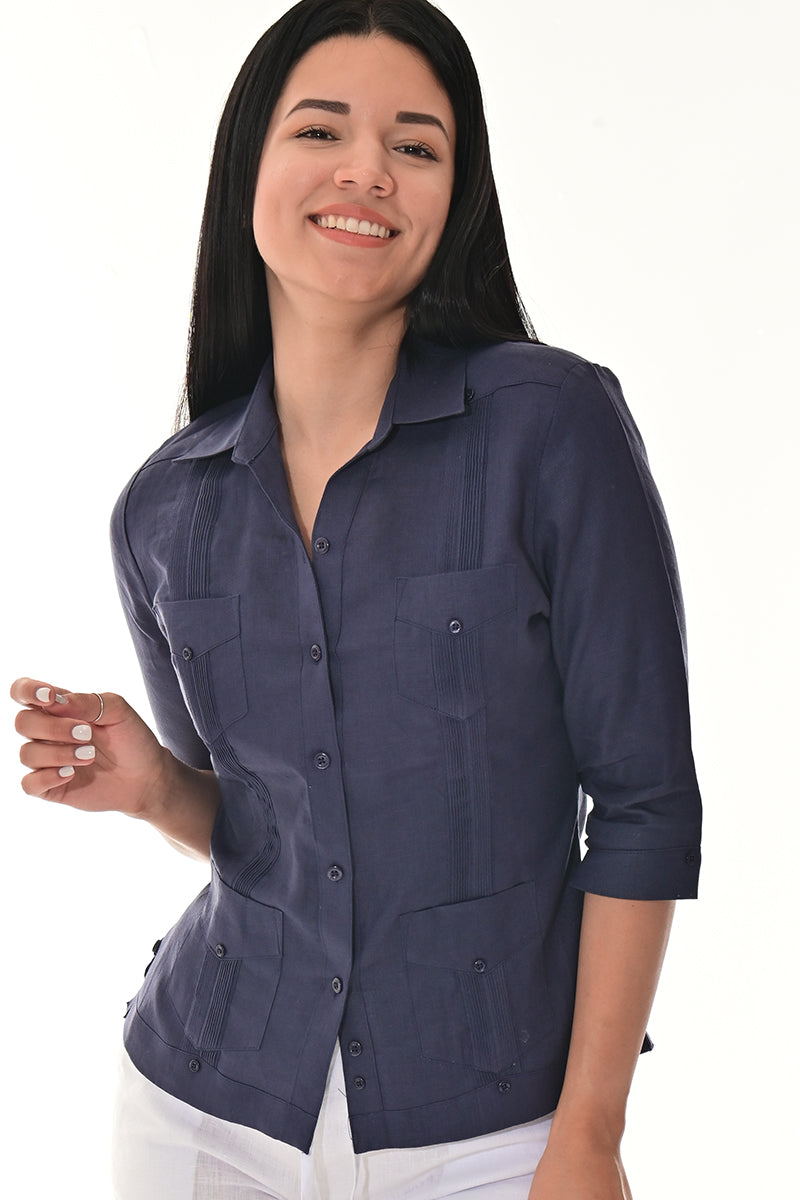 Ladies 100% Linen Guayabera 3/4 Sleeve Traditional LT. BLUE-Color Options - LLGB3009 - 6 PCS/PRE-PACK