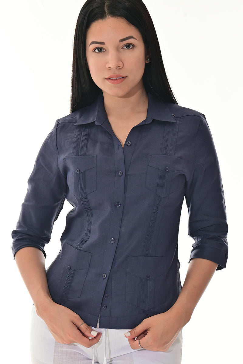 Ladies 100% Linen Guayabera 3/4 Sleeve Traditional LT. BLUE-Color Options - LLGB3009 - 6 PCS/PRE-PACK