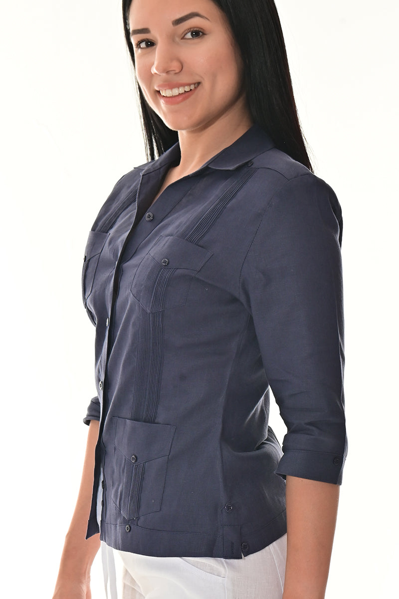 Ladies 100% Linen Guayabera 3/4 Sleeve Traditional LT. BLUE-Color Options - LLGB3009 - 6 PCS/PRE-PACK