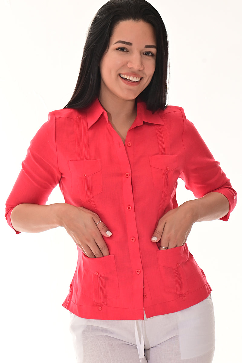 Ladies 100% Linen Guayabera 3/4 Sleeve Traditional LT. BLUE-Color Options - LLGB3009 - 6 PCS/PRE-PACK