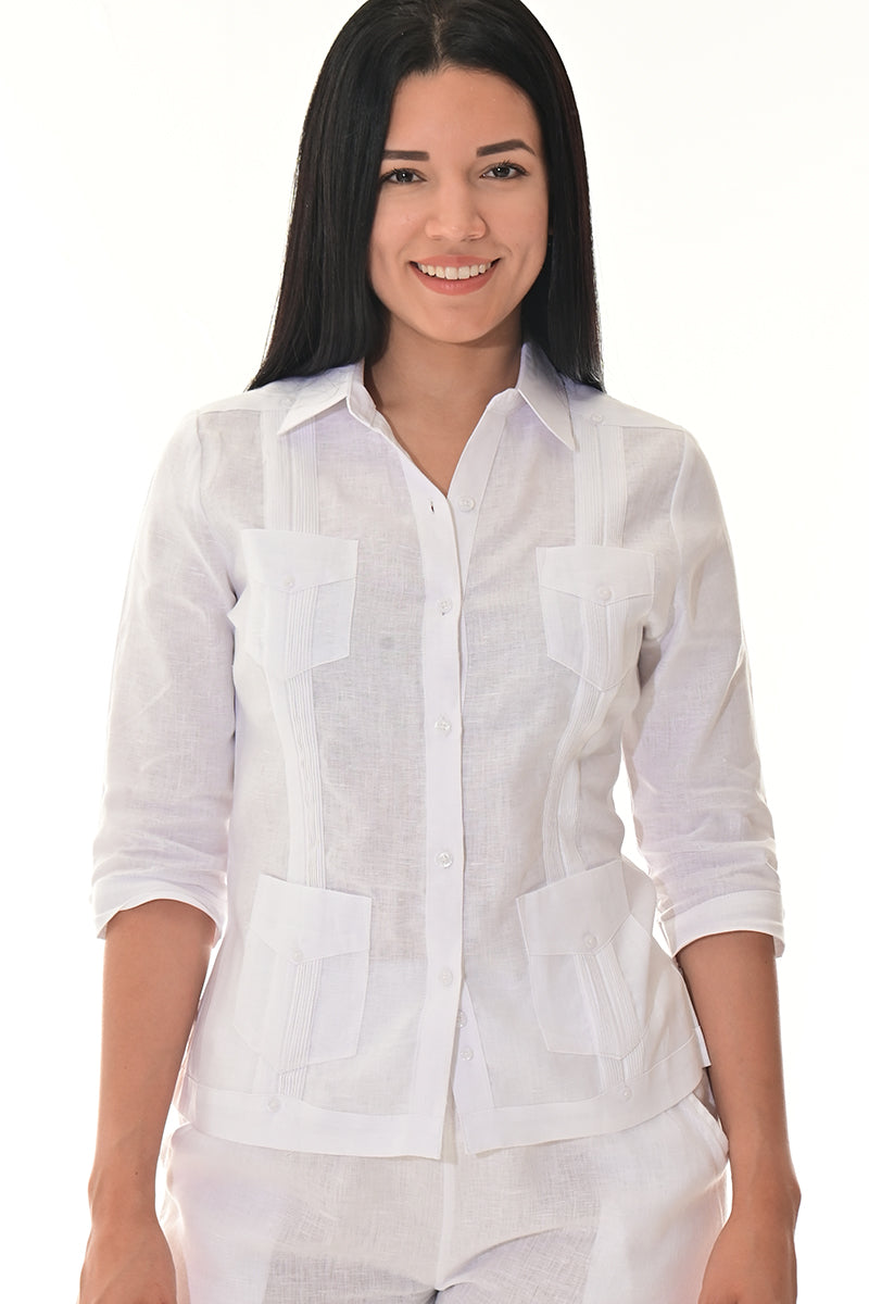 Ladies 100% Linen Guayabera 3/4 Sleeve Traditional LT. BLUE-Color Options - LLGB3009 - 6 PCS/PRE-PACK