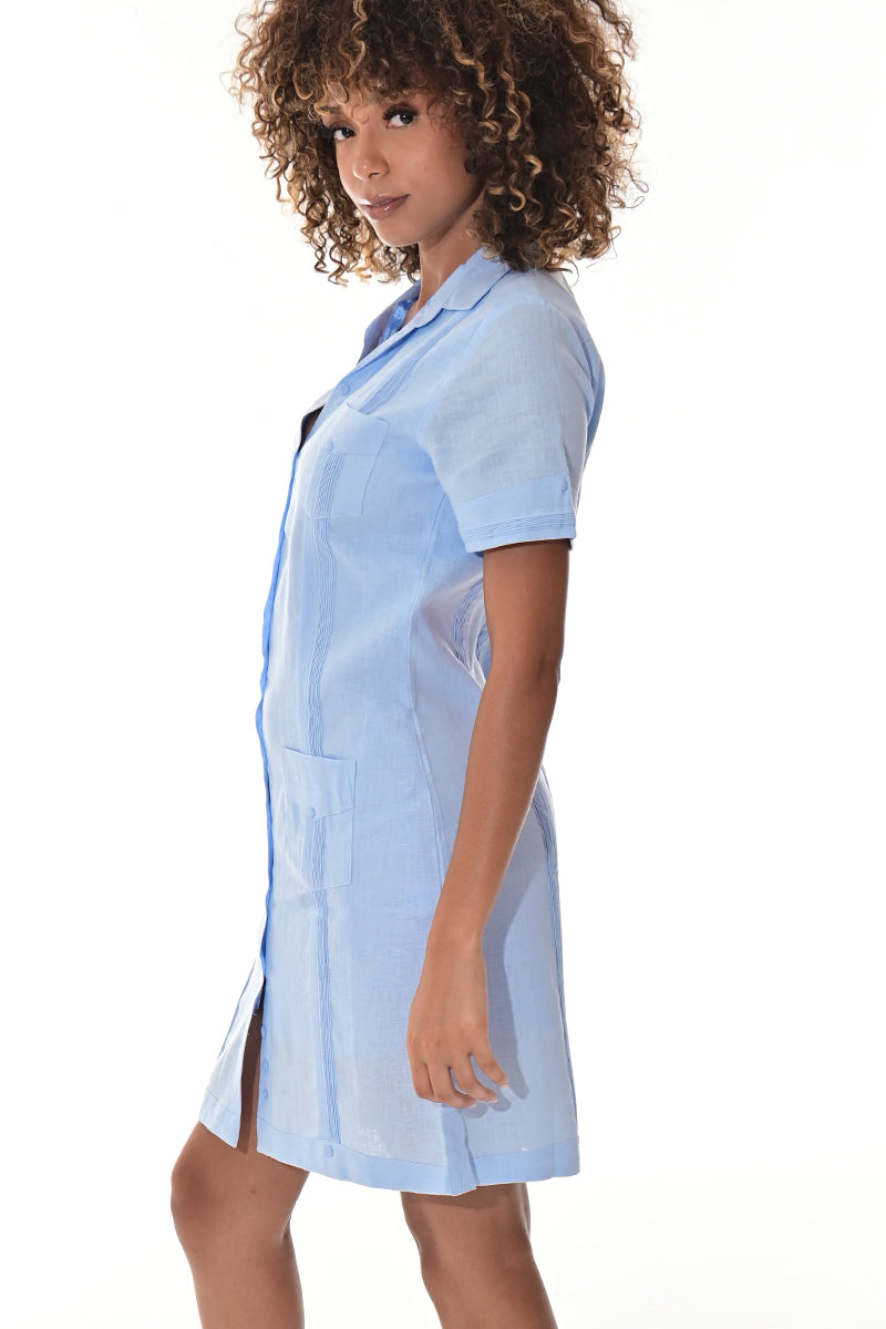 Ladies 100% Linen Guayabera Dress Classic S/S Button Down NATURAL-Color Options - LLGD3010 - 6 PCS/PRE-PACK