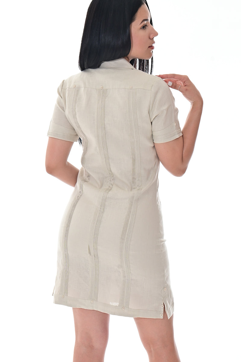 Ladies 100% Linen Guayabera Dress Classic S/S Button Down NATURAL-Color Options - LLGD3010 - 6 PCS/PRE-PACK