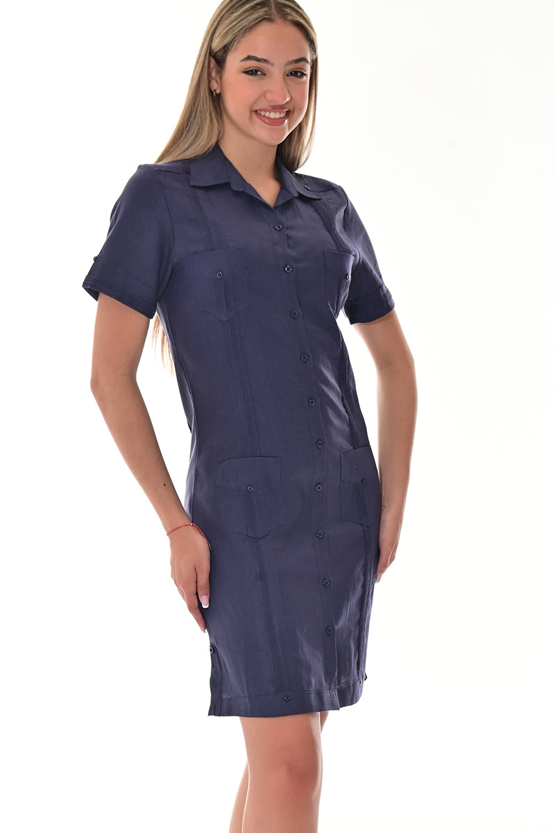 Ladies 100% Linen Guayabera Dress Classic S/S Button Down NATURAL-Color Options - LLGD3010 - 6 PCS/PRE-PACK