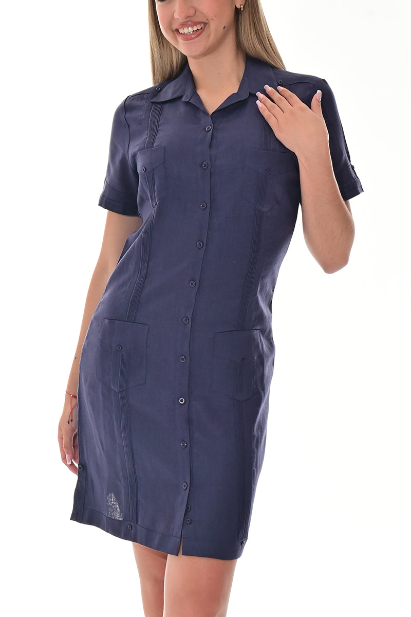 Ladies 100% Linen Guayabera Dress Classic S/S Button Down NATURAL-Color Options - LLGD3010 - 6 PCS/PRE-PACK