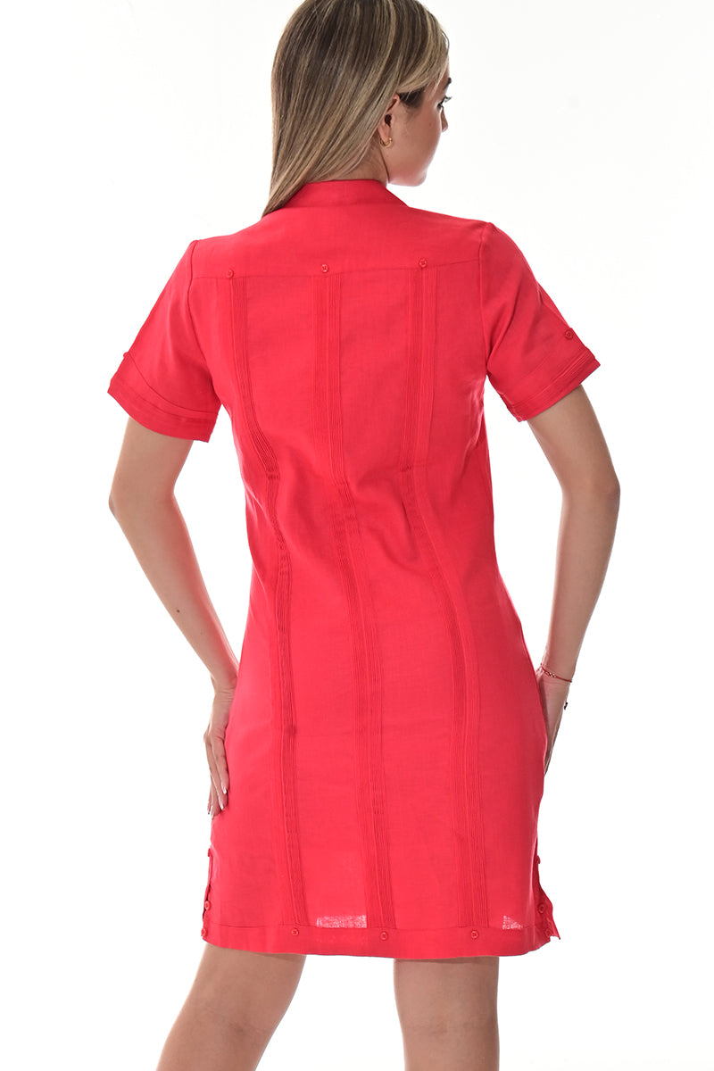 Ladies 100% Linen Guayabera Dress Classic S/S Button Down NATURAL-Color Options - LLGD3010 - 6 PCS/PRE-PACK