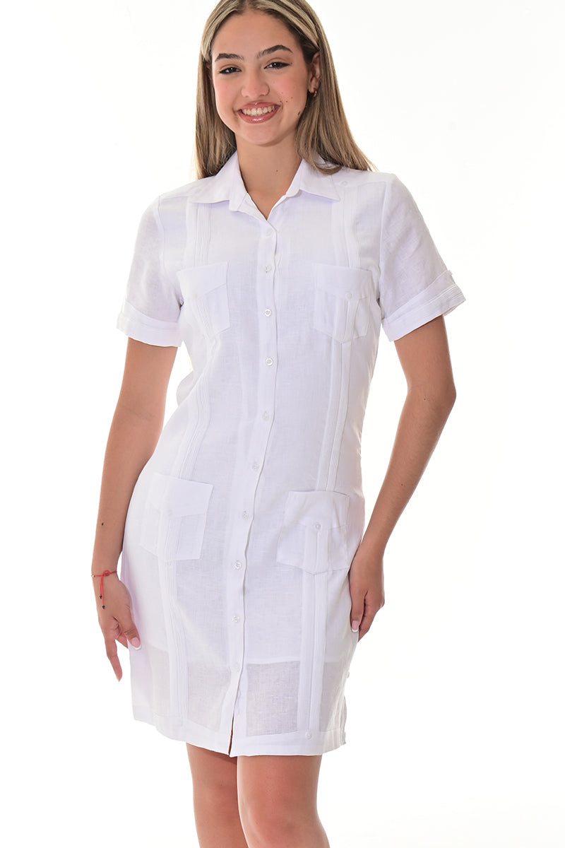 Ladies 100% Linen Guayabera Dress Classic S/S Button Down NATURAL-Color Options - LLGD3010 - 6 PCS/PRE-PACK