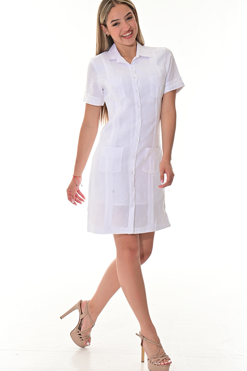 Ladies 100% Linen Guayabera Dress Classic S/S Button Down NATURAL-Color Options - LLGD3010 - 6 PCS/PRE-PACK