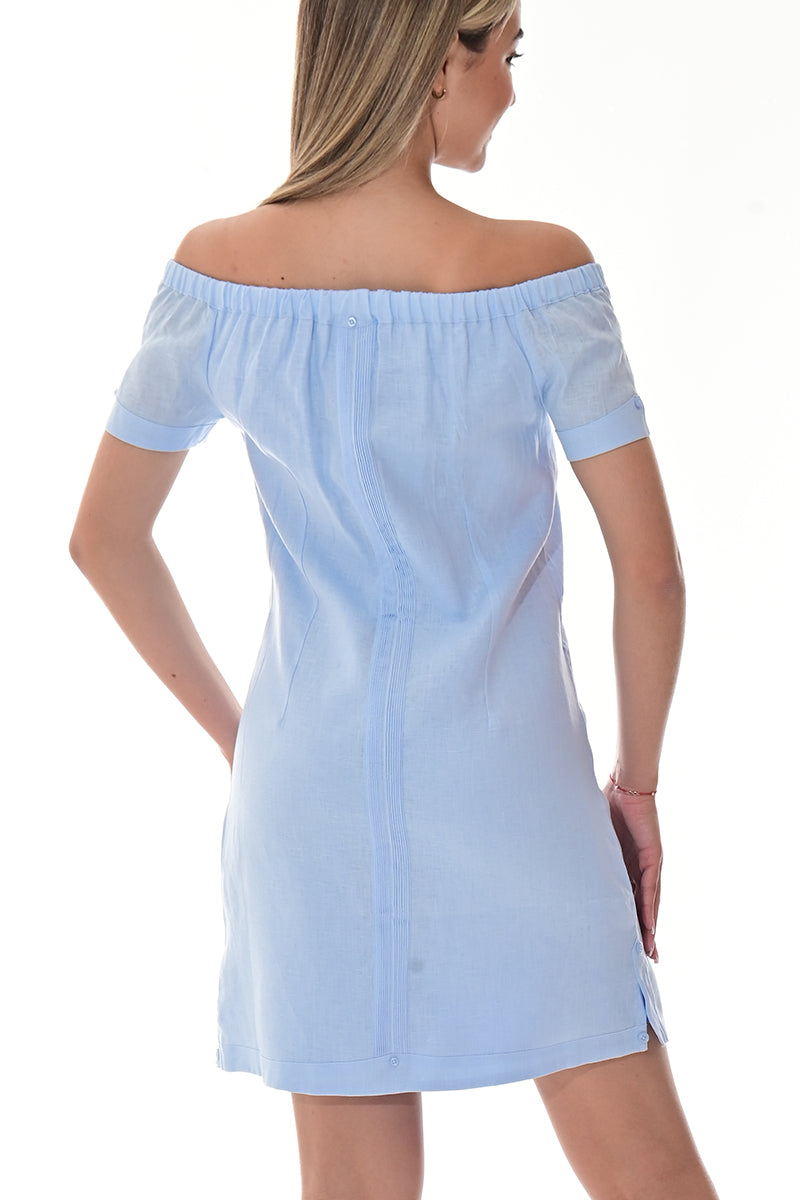 Ladies S/S Linen Guayabera Dress Off-the-Shoulder Traditional WHITE-Color Options - LLGD3011 - 6 PCS/PRE-PACK