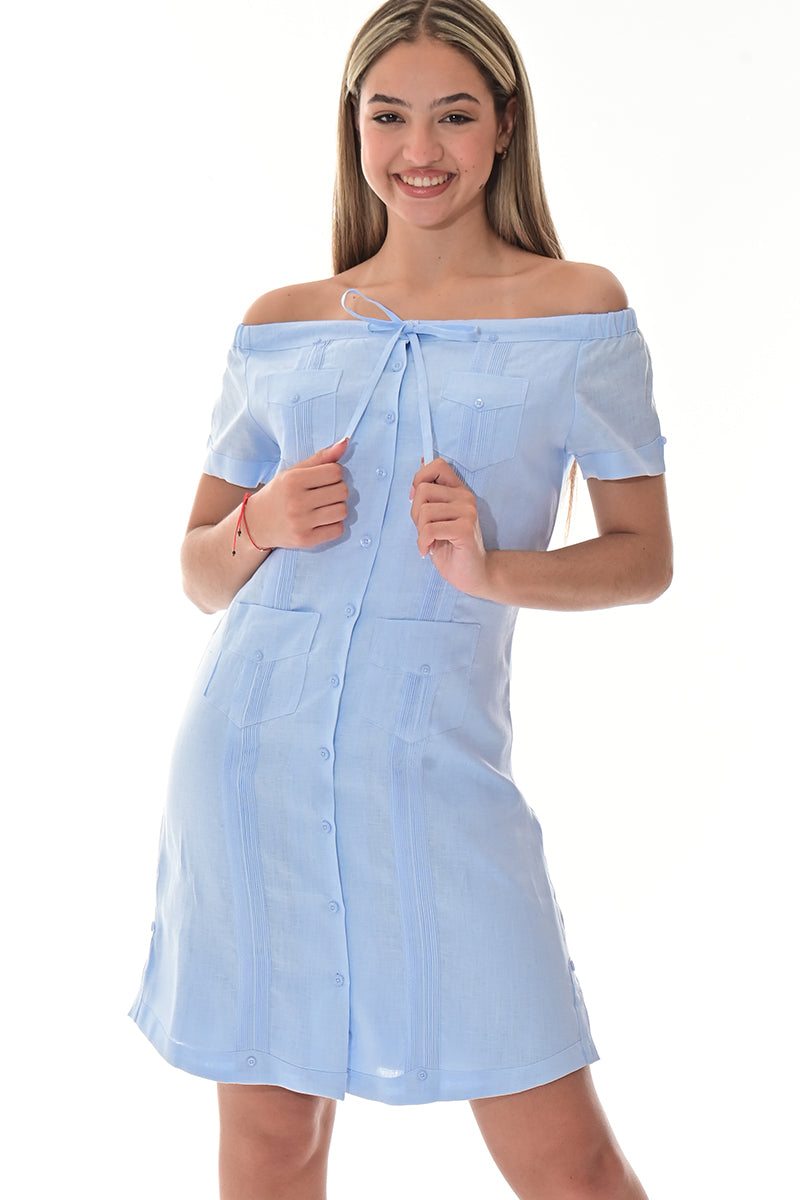 Ladies S/S Linen Guayabera Dress Off-the-Shoulder Traditional WHITE-Color Options - LLGD3011 - 6 PCS/PRE-PACK