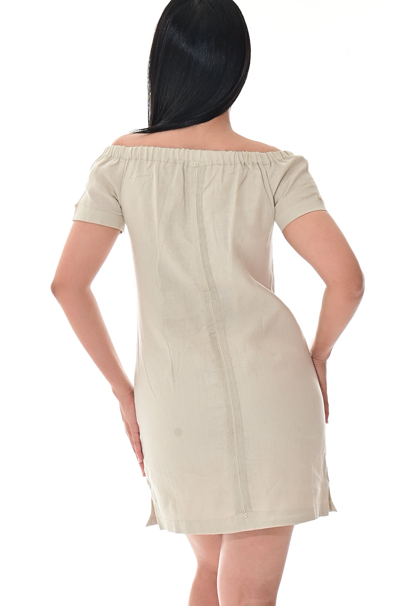 Ladies S/S Linen Guayabera Dress Off-the-Shoulder Traditional WHITE-Color Options - LLGD3011 - 6 PCS/PRE-PACK