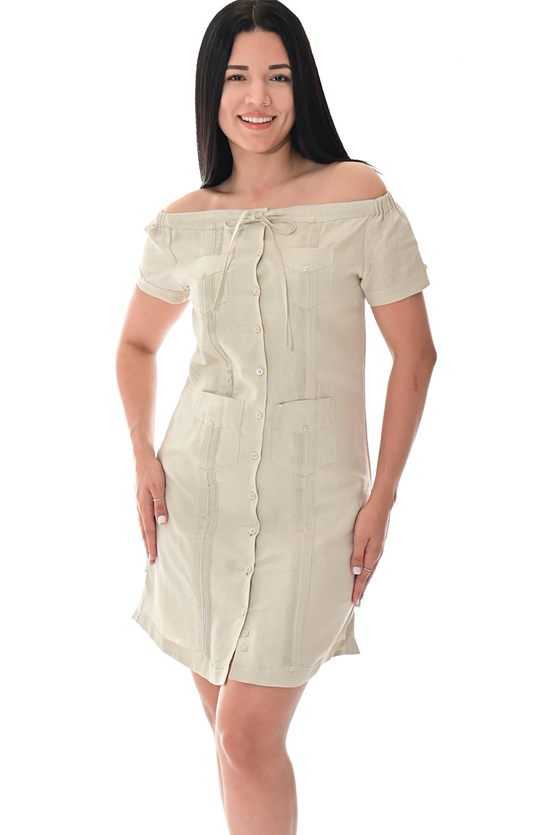 Ladies S/S Linen Guayabera Dress Off-the-Shoulder Traditional WHITE-Color Options - LLGD3011 - 6 PCS/PRE-PACK