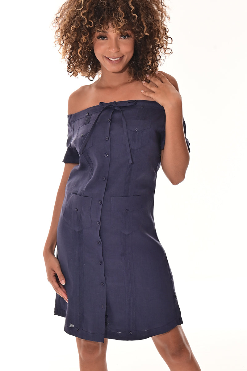 Ladies S/S Linen Guayabera Dress Off-the-Shoulder Traditional WHITE-Color Options - LLGD3011 - 6 PCS/PRE-PACK
