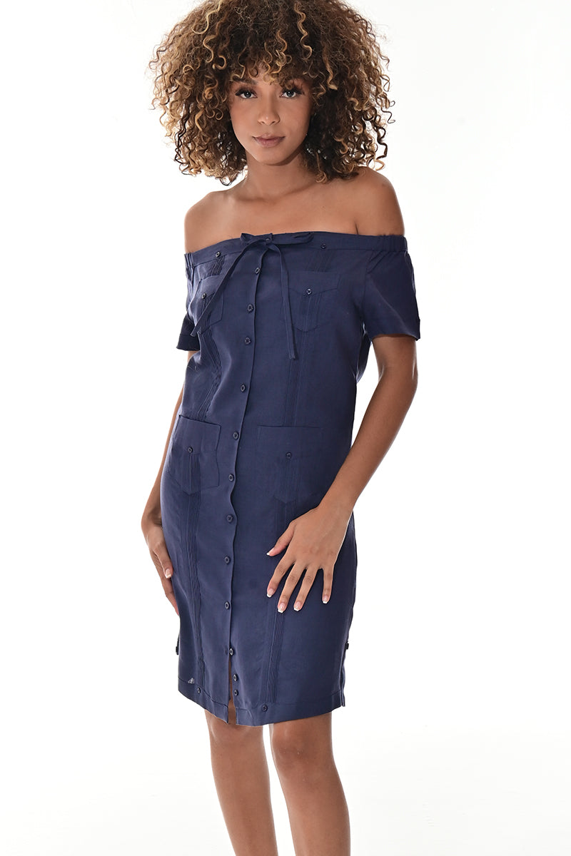 Ladies S/S Linen Guayabera Dress Off-the-Shoulder Traditional WHITE-Color Options - LLGD3011 - 6 PCS/PRE-PACK