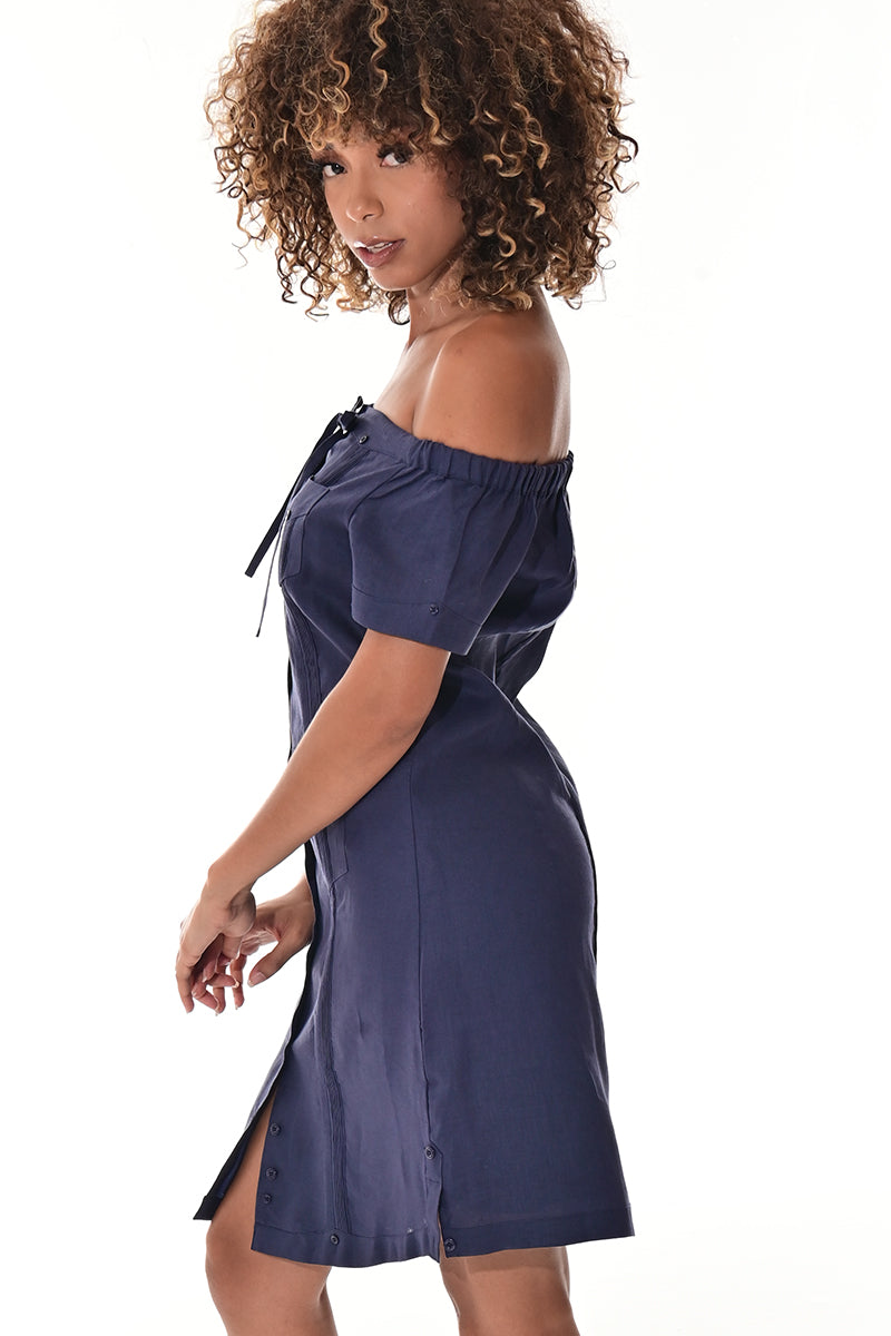 Ladies S/S Linen Guayabera Dress Off-the-Shoulder Traditional WHITE-Color Options - LLGD3011 - 6 PCS/PRE-PACK