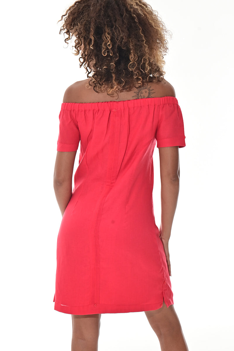 Ladies S/S Linen Guayabera Dress Off-the-Shoulder Traditional WHITE-Color Options - LLGD3011 - 6 PCS/PRE-PACK