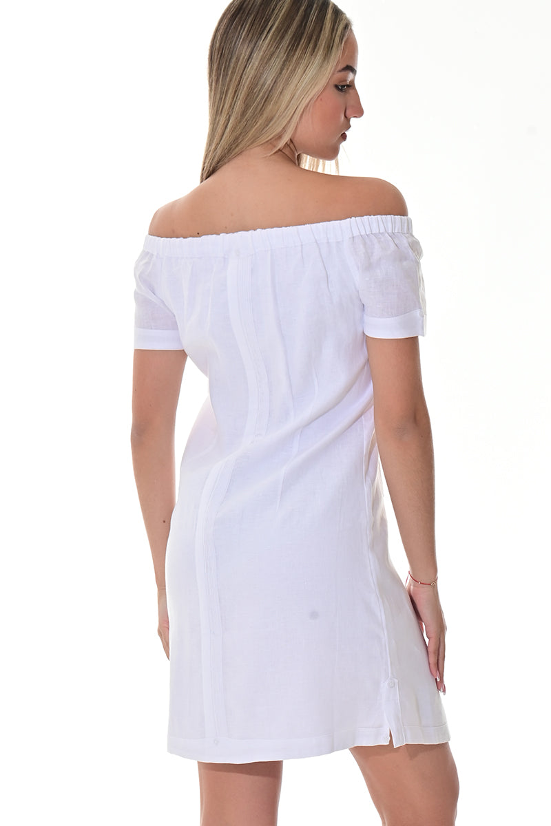 Ladies S/S Linen Guayabera Dress Off-the-Shoulder Traditional WHITE-Color Options - LLGD3011 - 6 PCS/PRE-PACK