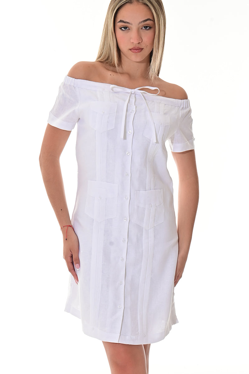 Ladies S/S Linen Guayabera Dress Off-the-Shoulder Traditional WHITE-Color Options - LLGD3011 - 6 PCS/PRE-PACK