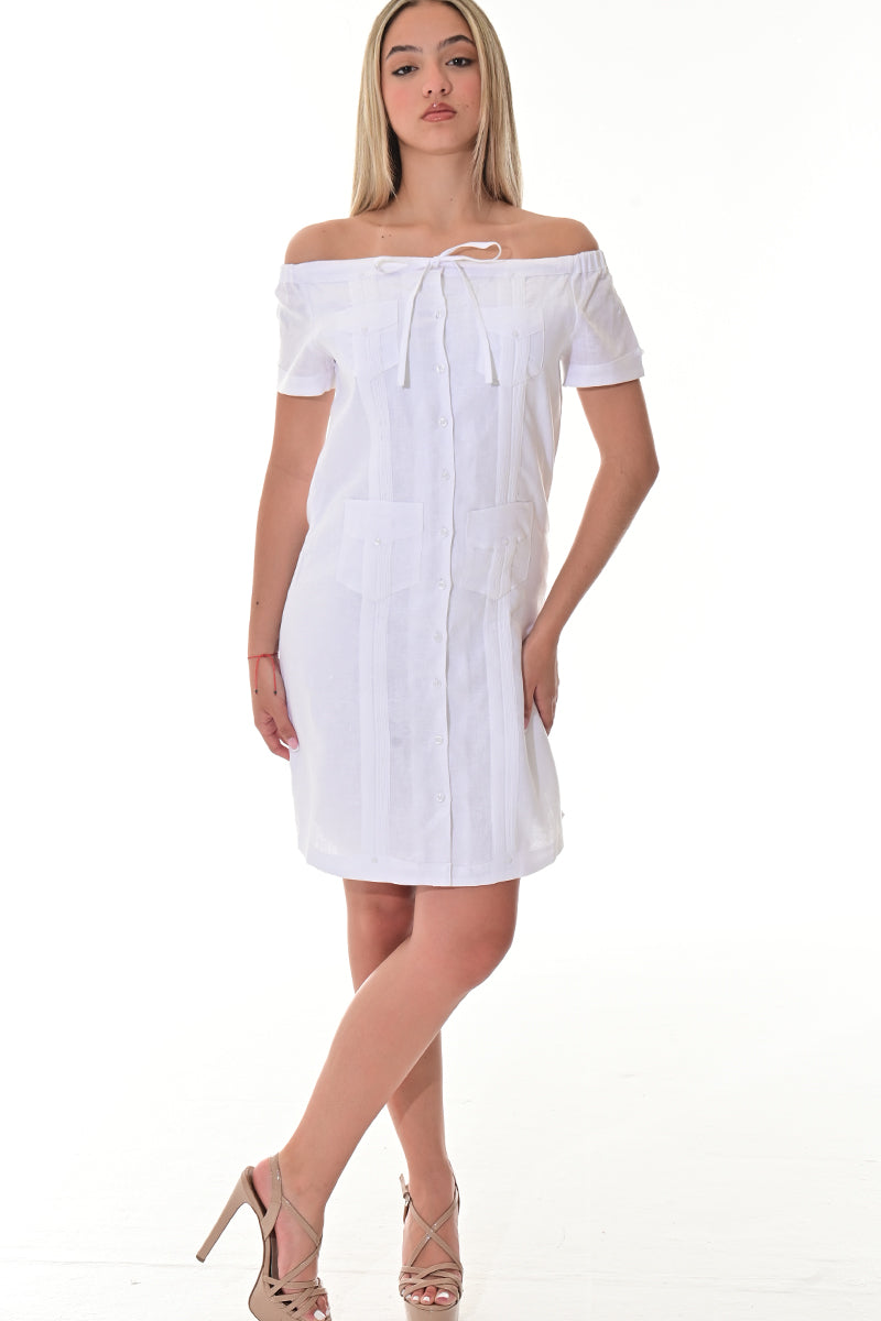 Ladies S/S Linen Guayabera Dress Off-the-Shoulder Traditional WHITE-Color Options - LLGD3011 - 6 PCS/PRE-PACK
