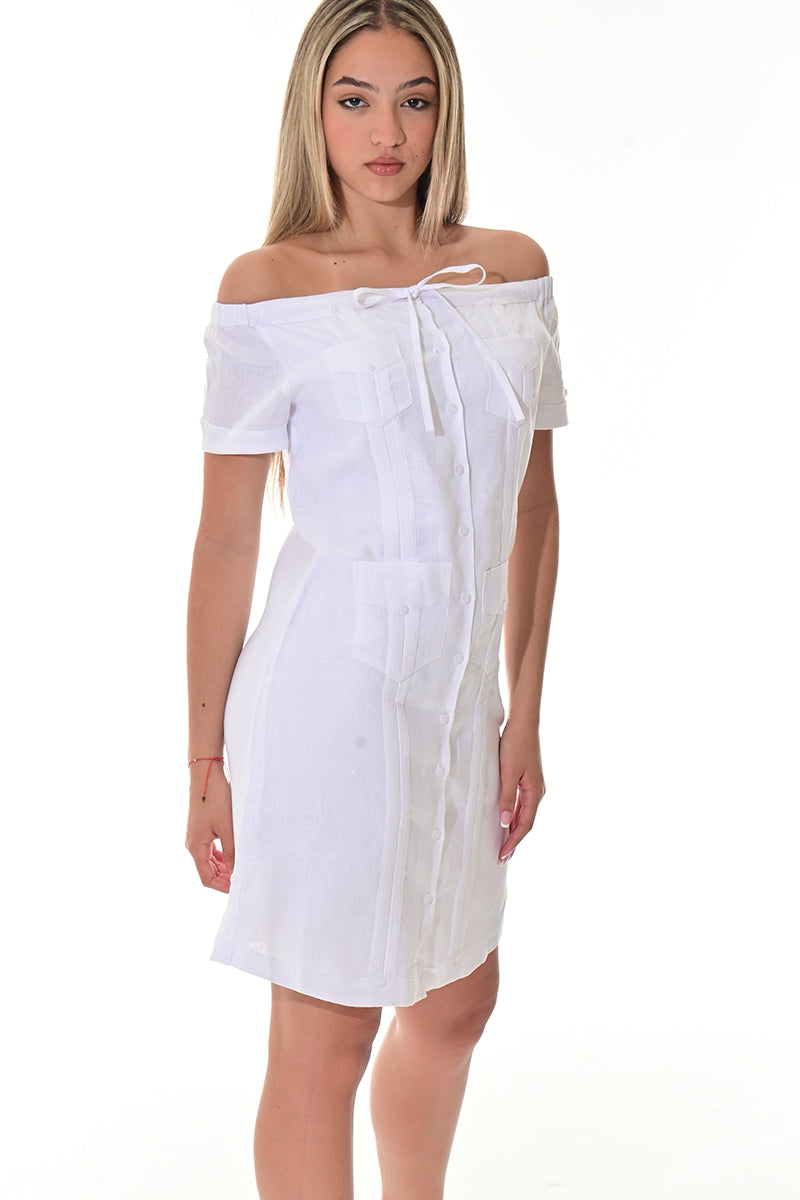 Ladies S/S Linen Guayabera Dress Off-the-Shoulder Traditional WHITE-Color Options - LLGD3011 - 6 PCS/PRE-PACK