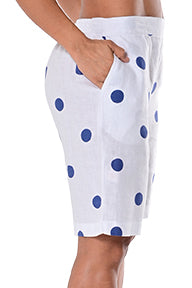 Ladies Linen Shorts Bermuda Polka-Dot w/Pockets-WHITE/NAVY-Color Options-LLH1727 - 6 PCS/PRE-PACK