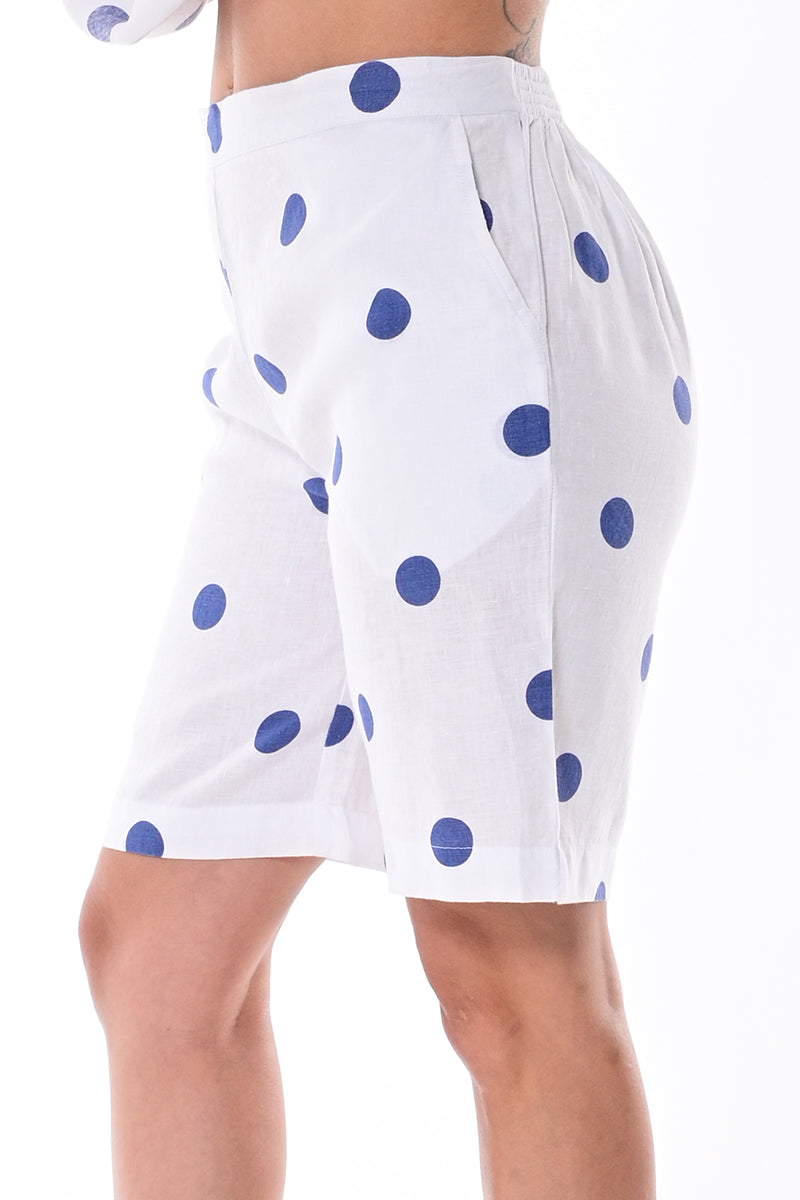 Ladies Linen Shorts Bermuda Polka-Dot w/Pockets-WHITE/NAVY-Color Options-LLH1727 - 6 PCS/PRE-PACK