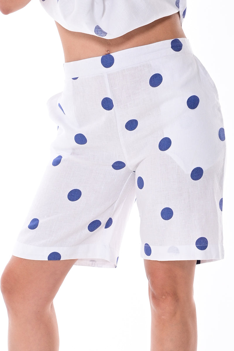 Ladies Linen Shorts Bermuda Polka-Dot w/Pockets-WHITE/NAVY-Color Options-LLH1727 - 6 PCS/PRE-PACK