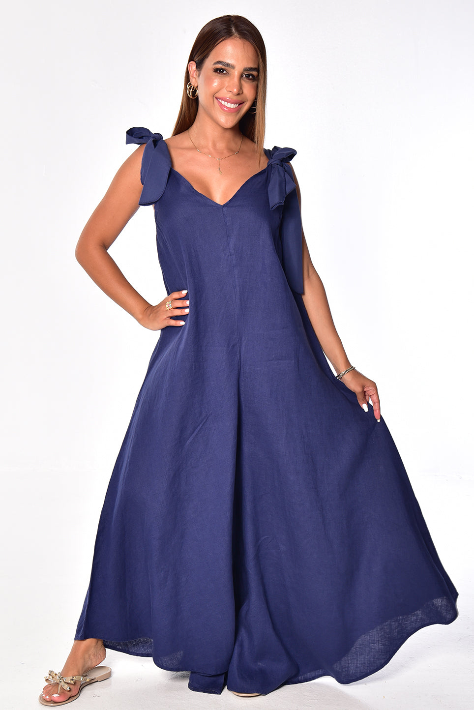 Women's Jumper Linen Wide Leg Loose Fit V-neck by AZUCAR White/Red Dot - LLJ1335 - 6 PCS/PRE-PACK