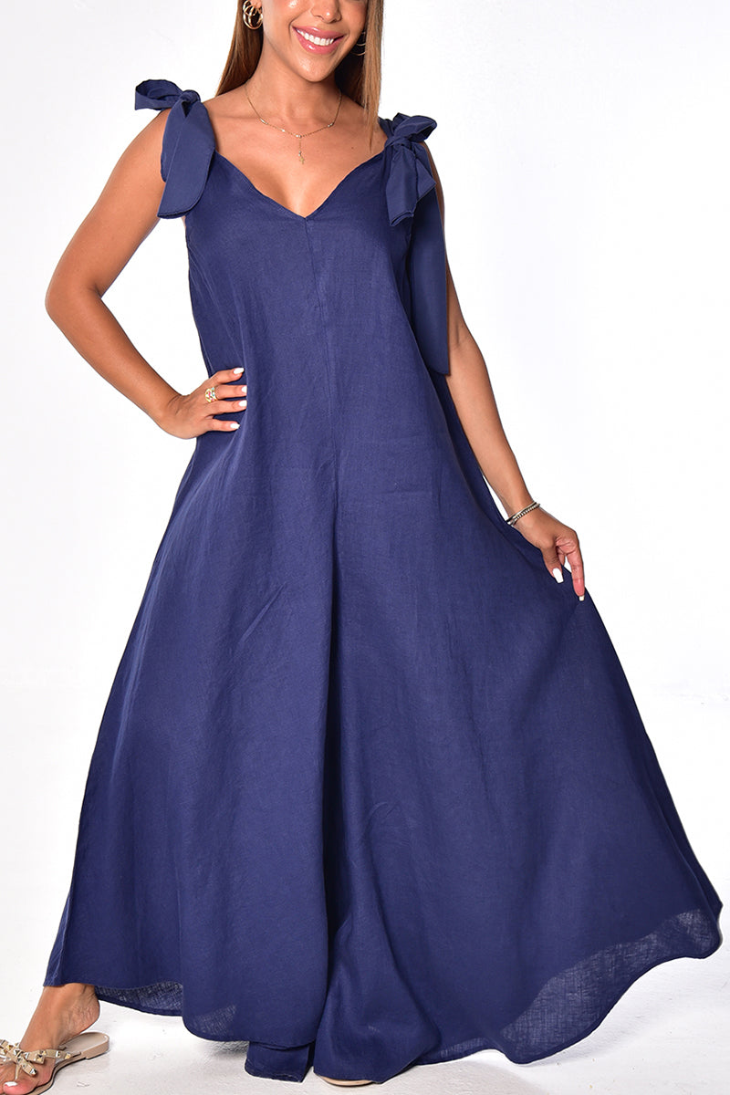 Women's Jumper Linen Wide Leg Loose Fit V-neck by AZUCAR White/Red Dot - LLJ1335 - 6 PCS/PRE-PACK