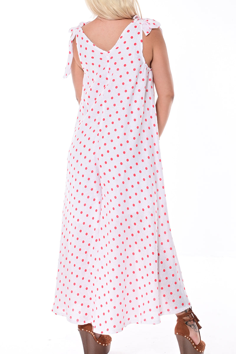 Women's Jumper Linen Wide Leg Loose Fit V-neck by AZUCAR White/Red Dot - LLJ1335 - 6 PCS/PRE-PACK