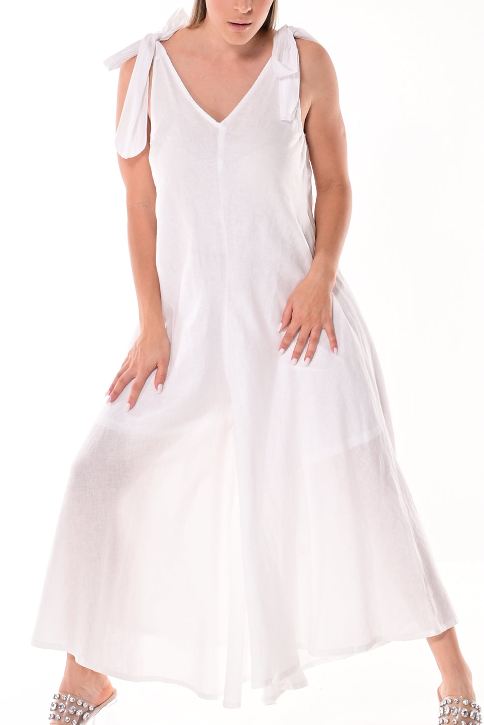 Women's Jumper Linen Wide Leg Loose Fit V-neck by AZUCAR White/Red Dot - LLJ1335 - 6 PCS/PRE-PACK