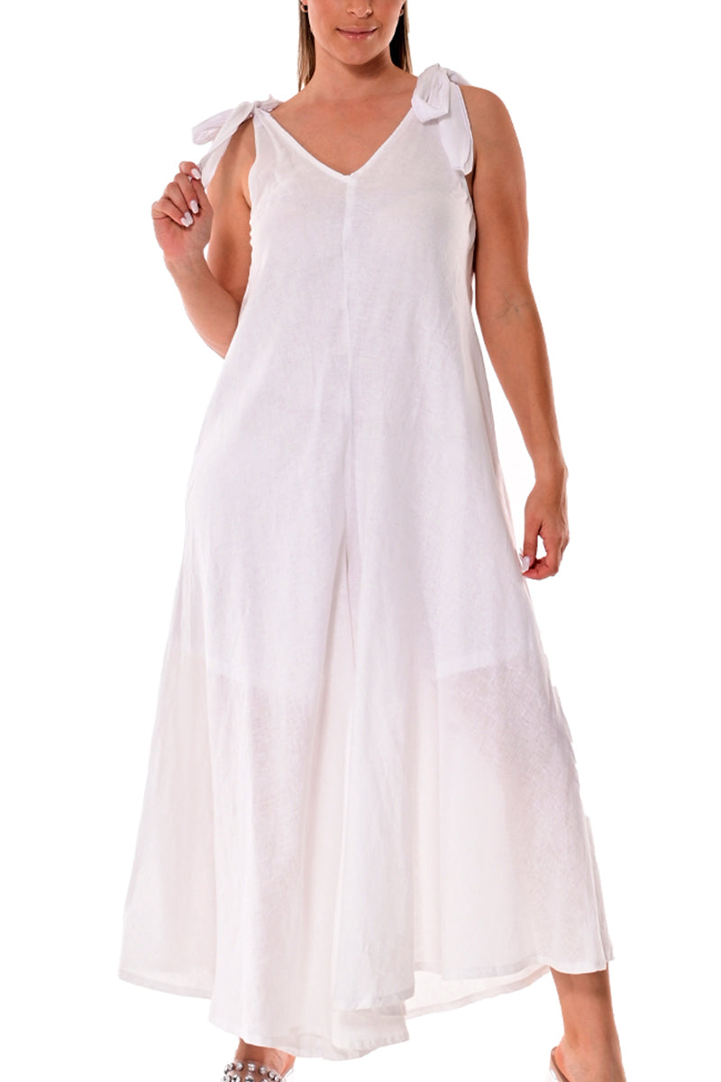 Women's Jumper Linen Wide Leg Loose Fit V-neck by AZUCAR White/Red Dot - LLJ1335 - 6 PCS/PRE-PACK