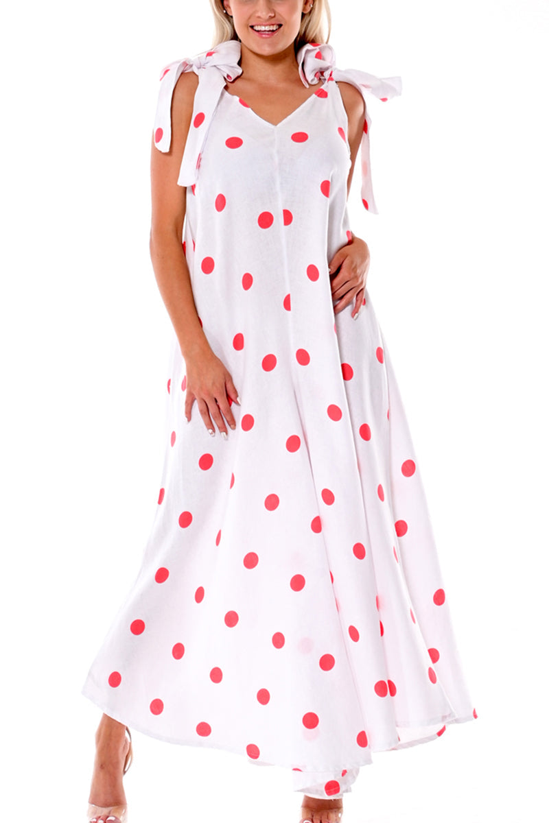 Women's Jumper Linen Wide Leg Loose Fit V-neck by AZUCAR White/Red Dot - LLJ1335 - 6 PCS/PRE-PACK