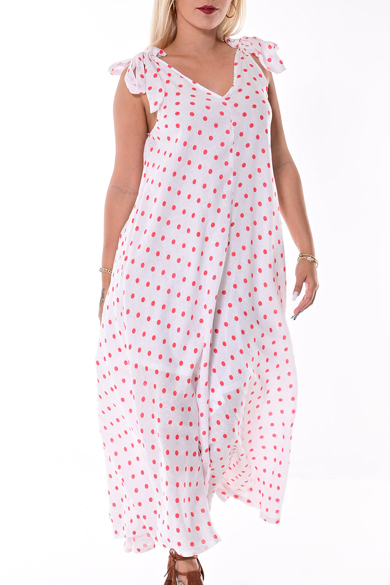 Women's Jumper Linen Wide Leg Loose Fit V-neck by AZUCAR White/Red Dot - LLJ1335 - 6 PCS/PRE-PACK