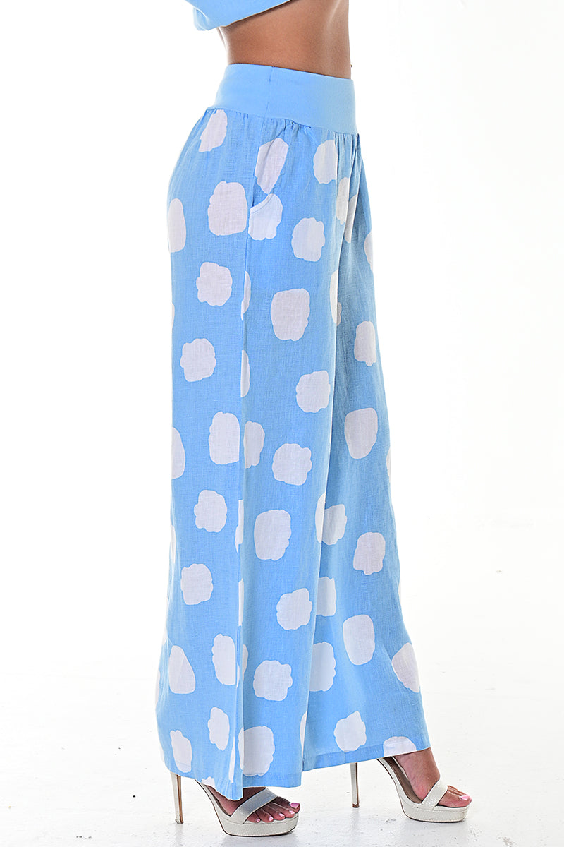 Ladies Linen Wide Leg Pants Polka-Dot Print/Cloud by AZUCAR - LT. BLUE/WHITE - LLWP104 - 6 PCS/PRE-PACK