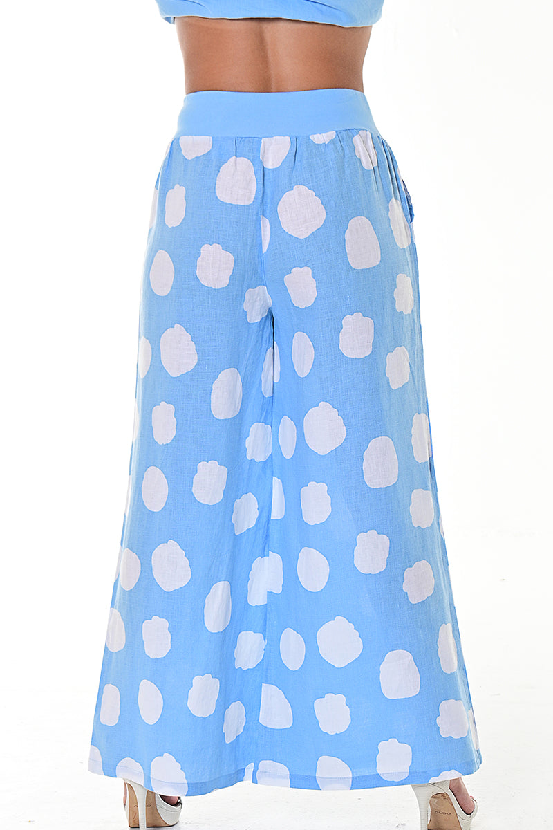 Ladies Linen Wide Leg Pants Polka-Dot Print/Cloud by AZUCAR - LT. BLUE/WHITE - LLWP104 - 6 PCS/PRE-PACK