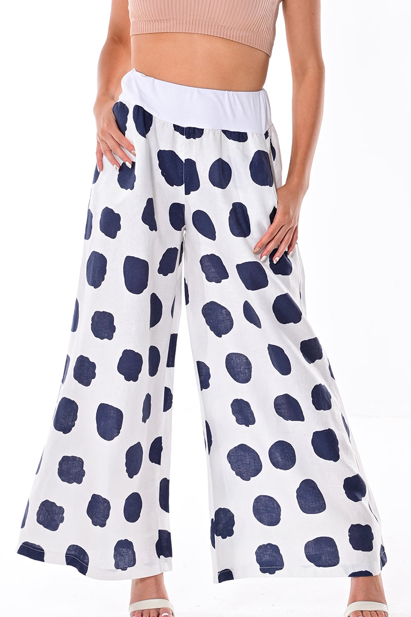 Ladies Linen Wide Leg Pants Polka-Dot Print/Cloud by AZUCAR - LT. BLUE/WHITE - LLWP104 - 6 PCS/PRE-PACK